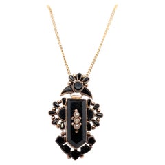Victorian Onyx Seed Pearl Necklace Pendant 14K Antique Original 1880's