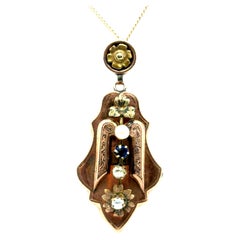 Victorian Sapphire Pearl Pendant Necklace Antique Original 1860's 14K Green Gold