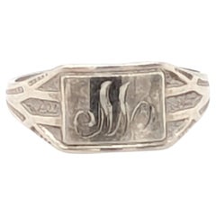 Art Deo Engraved Signet Baby Ring White Gold Antique Original 1920's