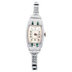 Montre-bracelet pour femme de style Art déco antique, émeraude et diamant, Brunvil, années 1920, taille à la française