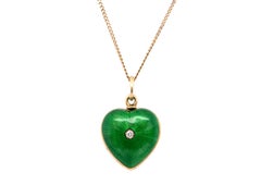 Victor Mayer Edwardian Green Guilloche Enamel Diamond Heart Double Sided Pendant