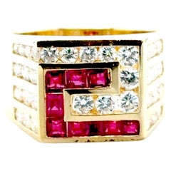 Mens Ruby Diamond Ring 2.25cttw 18K Yellow Gold Geometric Cocktail