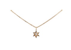 Diamond Solitaire Starburst Pendant Necklace .10ct Mined F SI 14K Yellow Gold