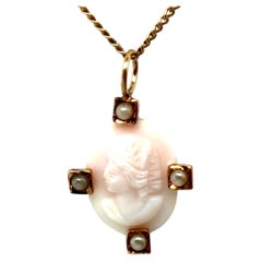 Antique Victorian Cameo Seed Pearl Pendant Necklace 14K Yellow Gold Original 190