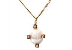 Antique Victorian Cameo Seed Pearl Pendant Necklace 14K Yellow Gold Original 190