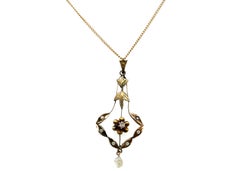 Collier avec pendentif lavallière victorien, diamant et perle baroque, 14 carats, « Old Mine », pièce d'origine