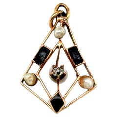 Victorian Diamond Seed Pearl Onyx Lavalier Pendant Necklace 14K Old Mine 1880's