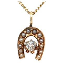 Antique Victorian Horseshoe Seed Pearl .12ct Old Mine Diamond Pendant 14K Gold