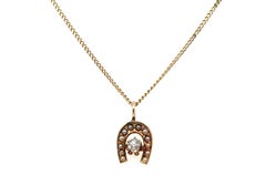 Antique Victorian Horseshoe Seed Pearl .12ct Old Mine Diamond Pendant 14K Gold