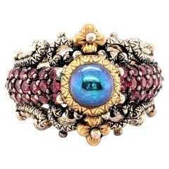 Barbara Bixby Cocktail Ring Black Pearl Pink Garnet 18K Sterling Silver Size 6