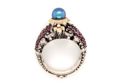 Barbara Bixby Cocktail Ring Black Pearl Pink Garnet 18K Sterling Silver Size 6