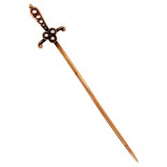 Antique Victorian Sword Stick Pin Seed Pearl 14K Yellow Gold Estate Jewelry