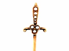 Antique Victorian Sword Stick Pin Seed Pearl 14K Yellow Gold Estate Jewelry