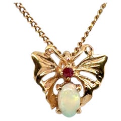 Vintage Butterfly Pendant Natural Opal and Ruby 14K Estate Jewelry