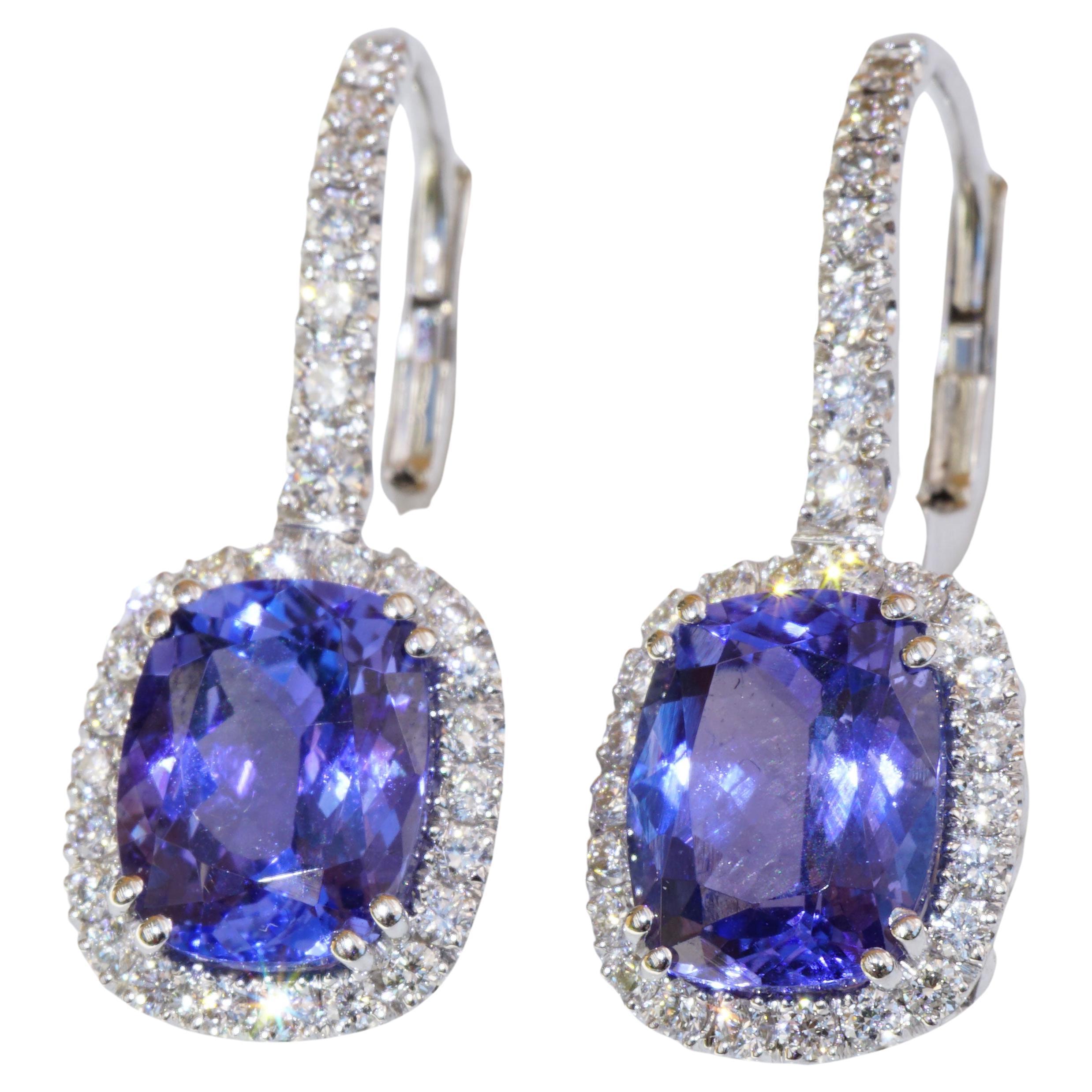 Rectangular Tanzanite AAA+ 4.70 Ct Dream Earrings with Diamonds 18 Kt White Gold For Sale