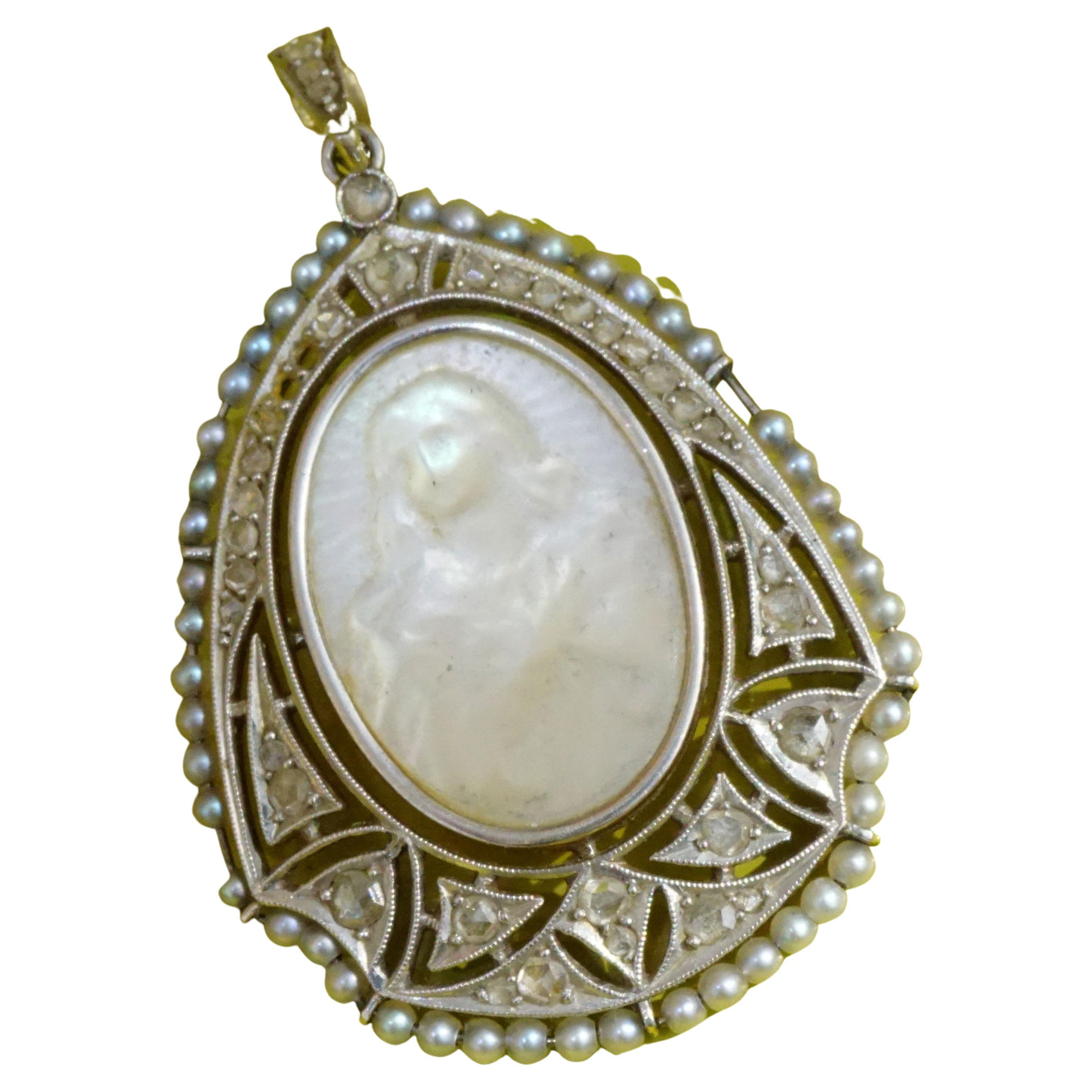 Original Art Nouveau Pendant in Platinum Yellow Gold around 1920 Shadowy Madonna For Sale