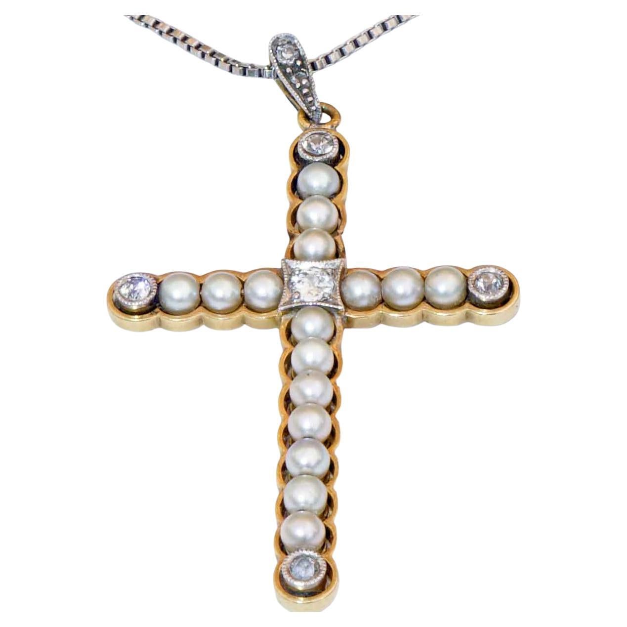 Gioielli originali Art Nouveau Croce di perle naturali Ciondolo di diamanti con catena