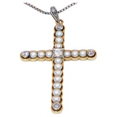 Original Art Nouveau Jewellery Cross natural Pearl Diamond Pendant with Chain