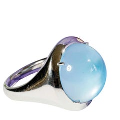 Schmuckzicke 20.40ct Blue Topaz Cabochon Ring in 18K White Gold magical World