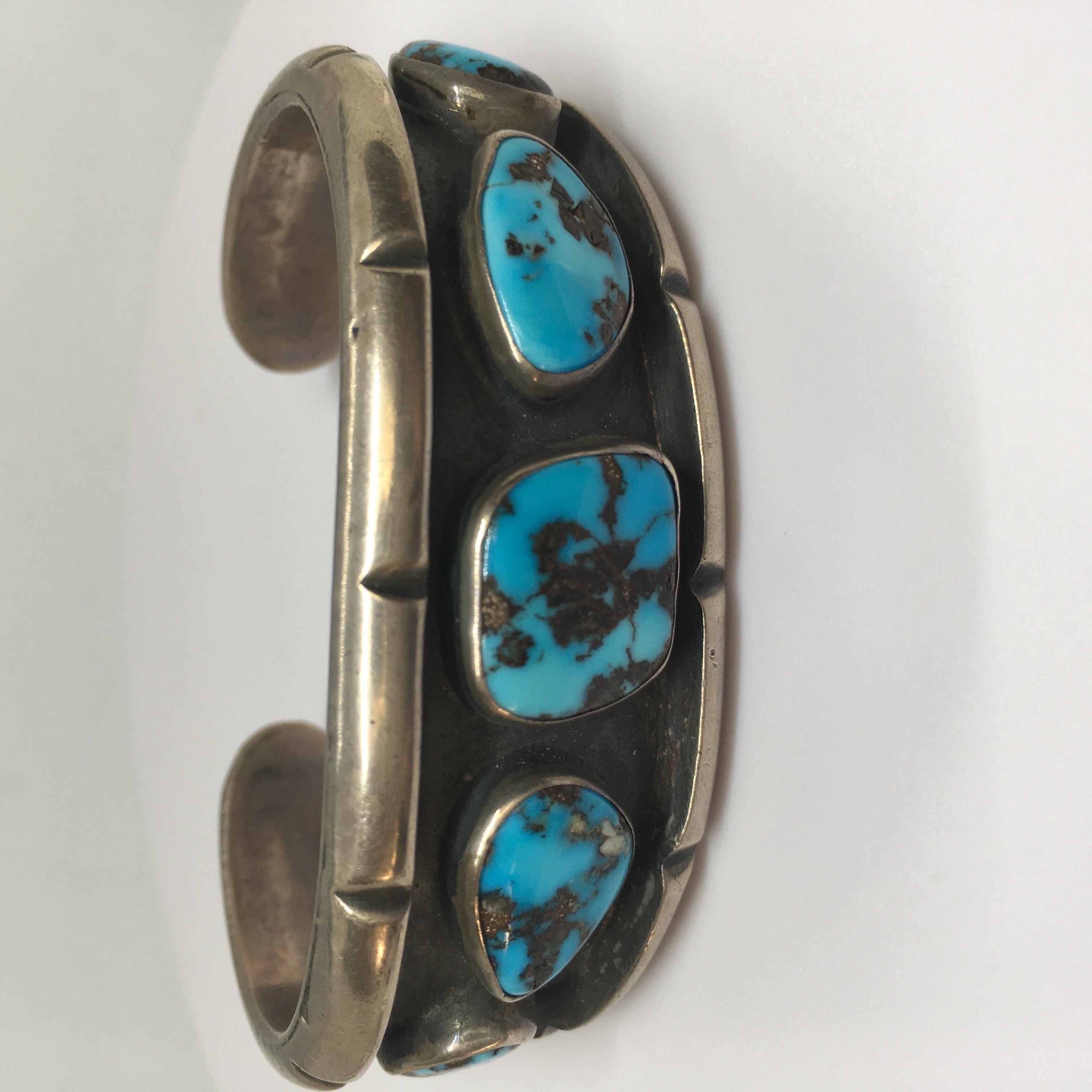 Women's or Men's Native American Indian Silver & Turquoise Cuff Bracelet Old Pawn Navajo Vintage