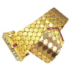 Retro Diamond Ruby Buckle Bracelet 14K American Gold 1940s Ludo Vintage Jewelry