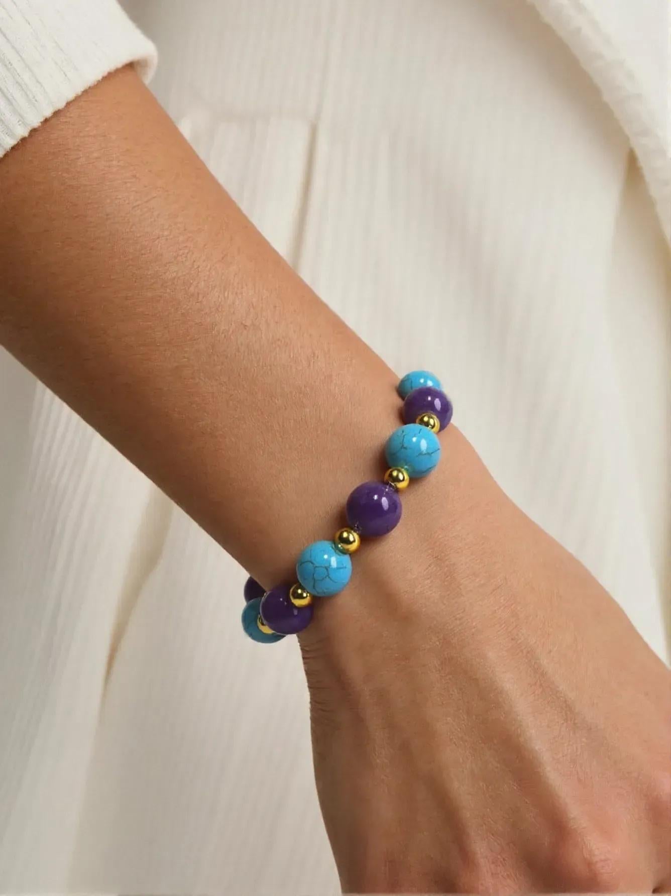 14k Gold Amethyst howlite Perlen stretch-Armband (Moderne) im Angebot