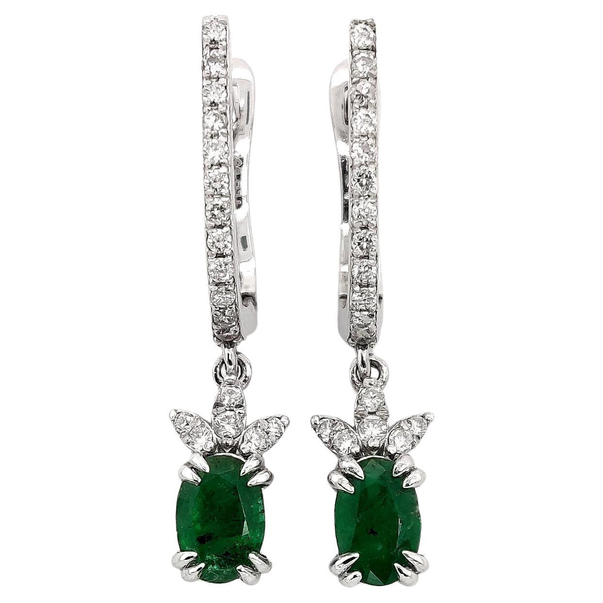 IGI Certified 1.09ct Emerald and Diamond Earrings 14k White Gold