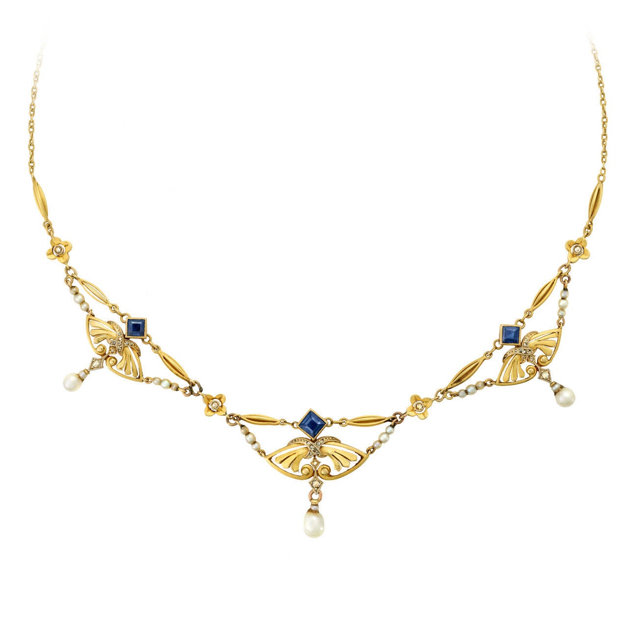 Napoleon III Pearl Sapphire Diamond Openwork Necklace in 18K Gold