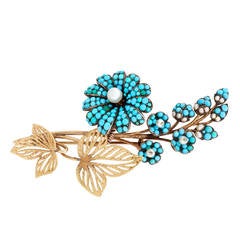 Georgian Turquoise Pearl Gold En Tremblant Flower Pin 3