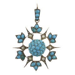 Victorian Pave Turquoise and Seed Pearl Sunburst Pendant