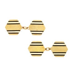 French Art Deco Black and White Enamel Gold Hexagonal Cufflinks