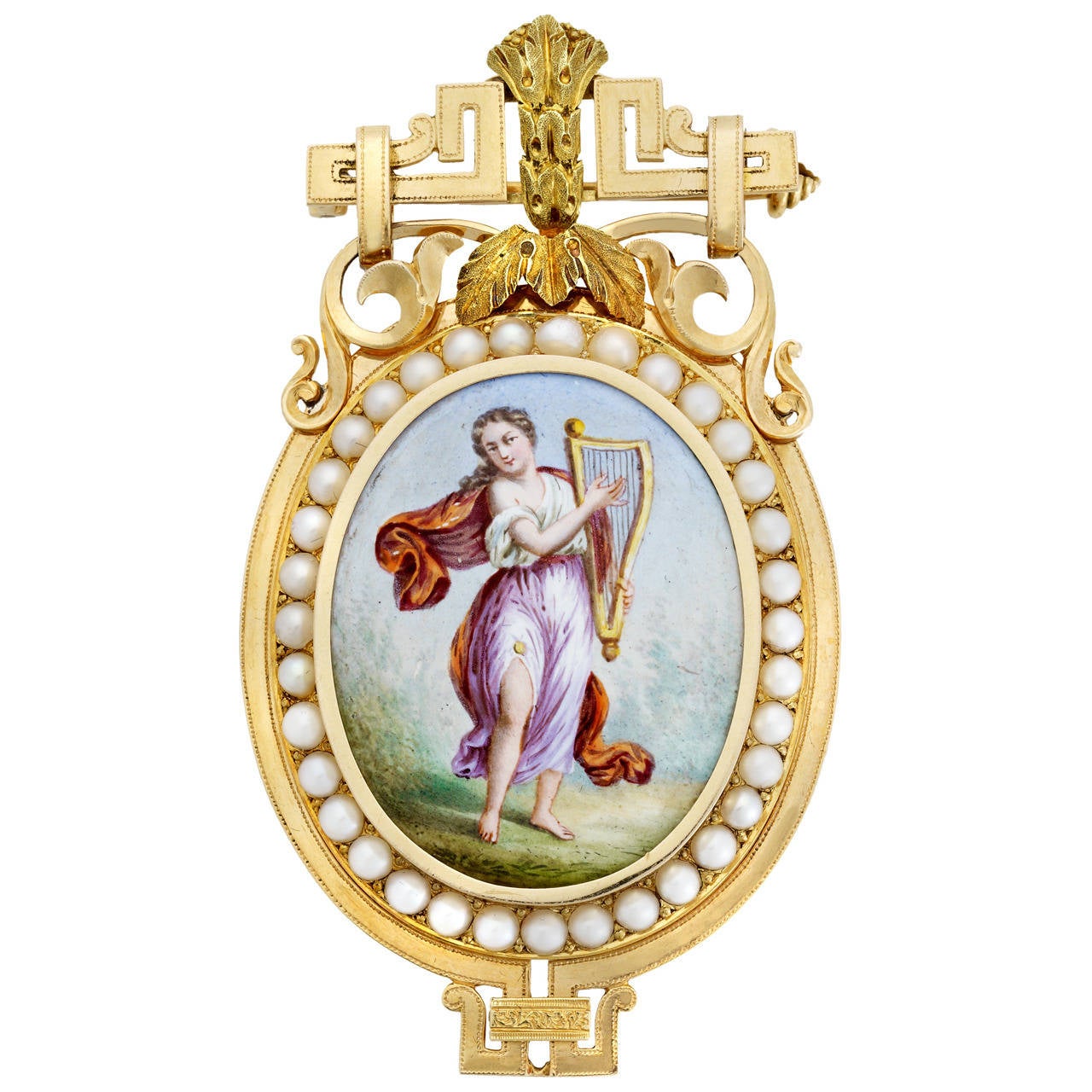Napoleon III Painted Enamel Pearl Gold Locket Pin/Pendant
