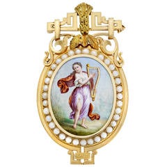 Napoleon III Painted Enamel Pearl Gold Locket Pin/Pendant