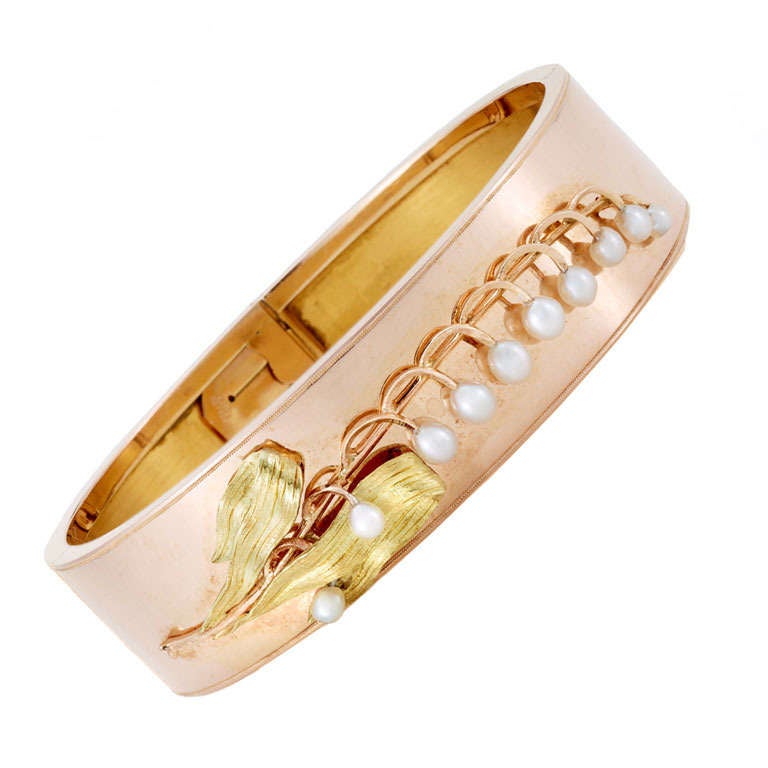 Napoleon III 18K Rose Gold and Pearl Lily-of-the-Valley Bangle For Sale