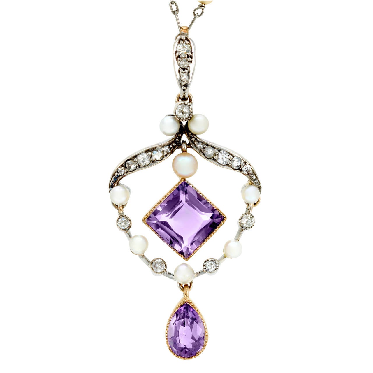 Victorian Pearl Amethyst Diamond Silver Gold Lavalier