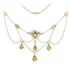 Edwardian Natural Pearl Topaz Diamond Gold Swag Necklace