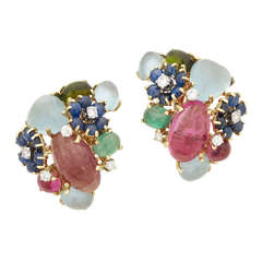 Diamond and Cabochon Gemset Cluster Earrings