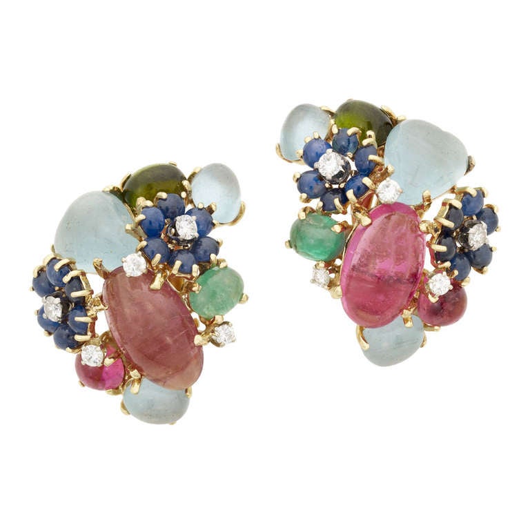 Diamond and Cabochon Gemset Cluster Earrings