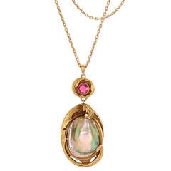 Antique Arts & Crafts Pink Tourmaline Abalone Blister Pearl Gold Pendant