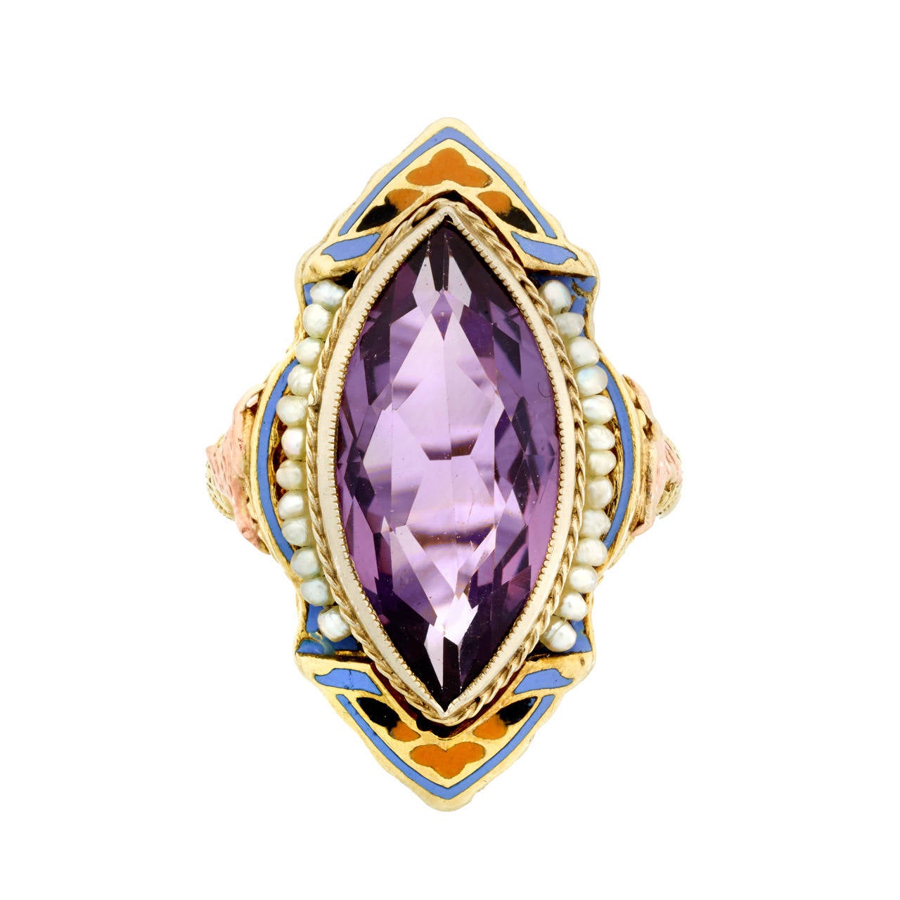 Art Deco Enamel Amethyst Seed Pearl Gold Filigree Ring