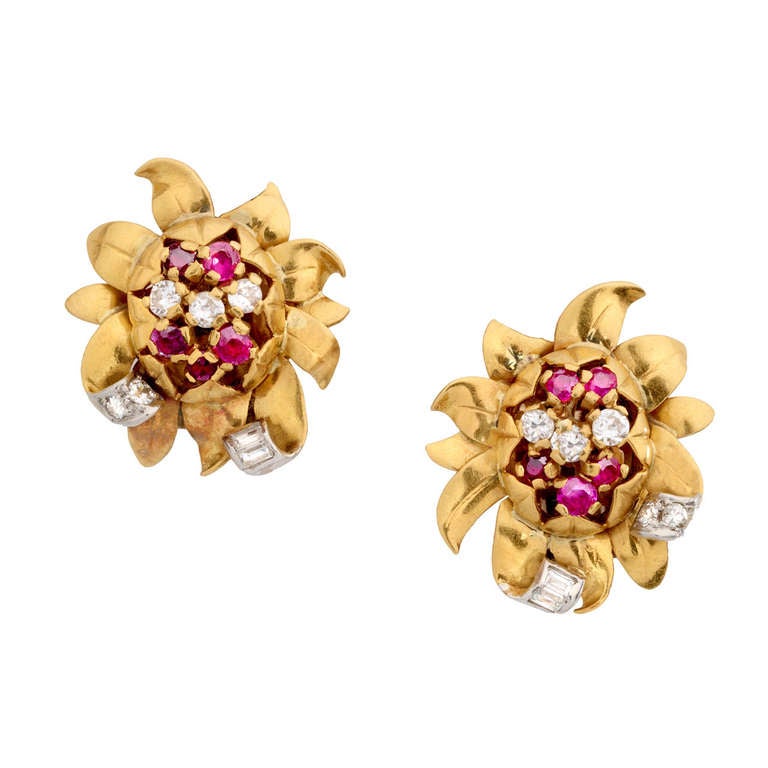 Retro Ruby and Diamond Flower Earrings