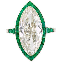 Antique Edwardian Marquise Diamond Engagement Ring with Calibre Emerald Border
