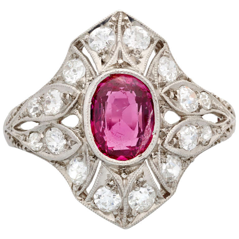 Art Deco Red Spinel and Diamond Openwork Ring