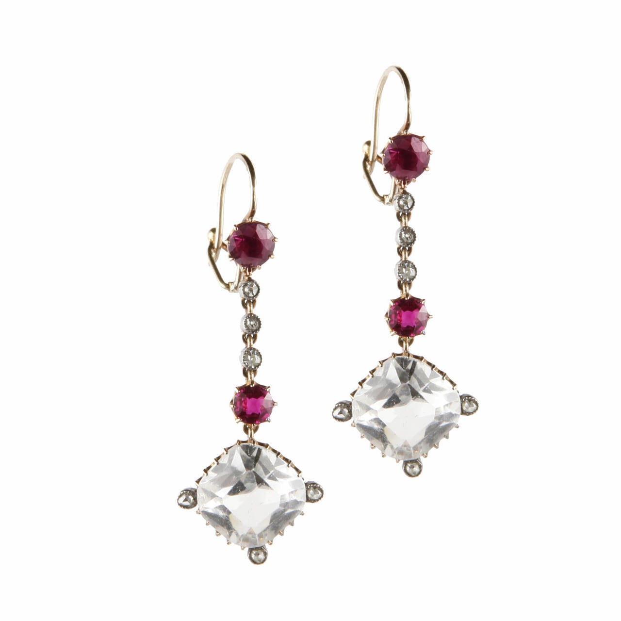 Edwardian Rock Crystal, Ruby and Diamond Drop Earrings