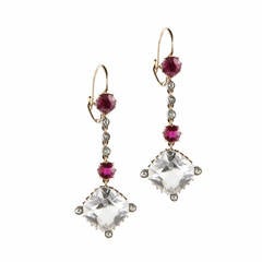 Edwardian Rock Crystal, Ruby and Diamond Drop Earrings