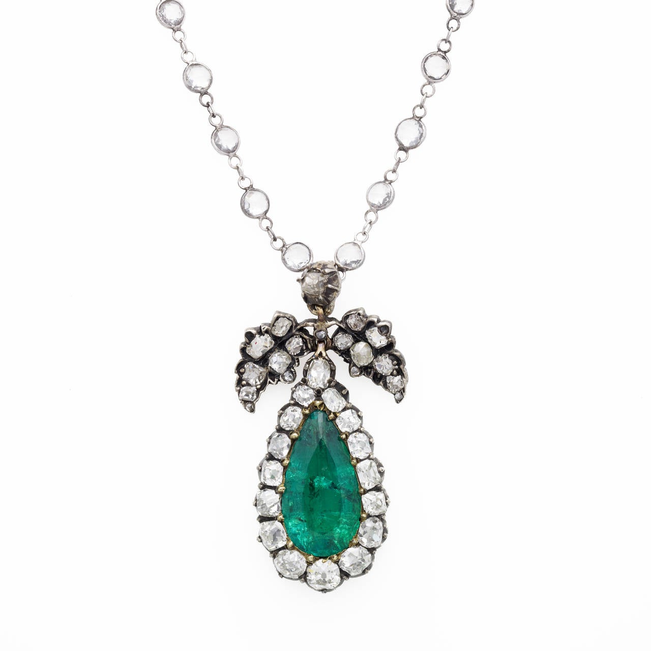 French Emerald and Diamond Pear-Shaped Cluster Pendant
