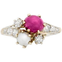 Victorian Pearl Ruby Diamond Bypass Ring