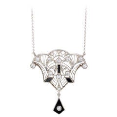 Art Deco Onyx Diamond Platinum Filigree Pendant