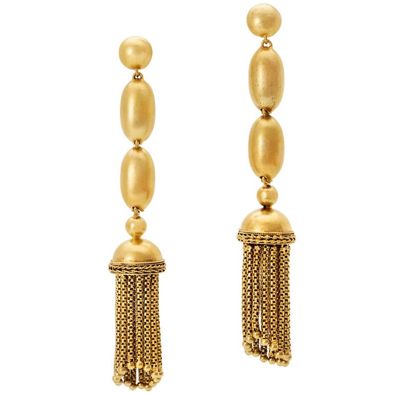 Victorian 14K Gold Bead and Fringe Tassel Earrings For Sale