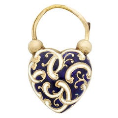 Antique Early Victorian Blue and White Enamel Gold Heart Padlock with Locket